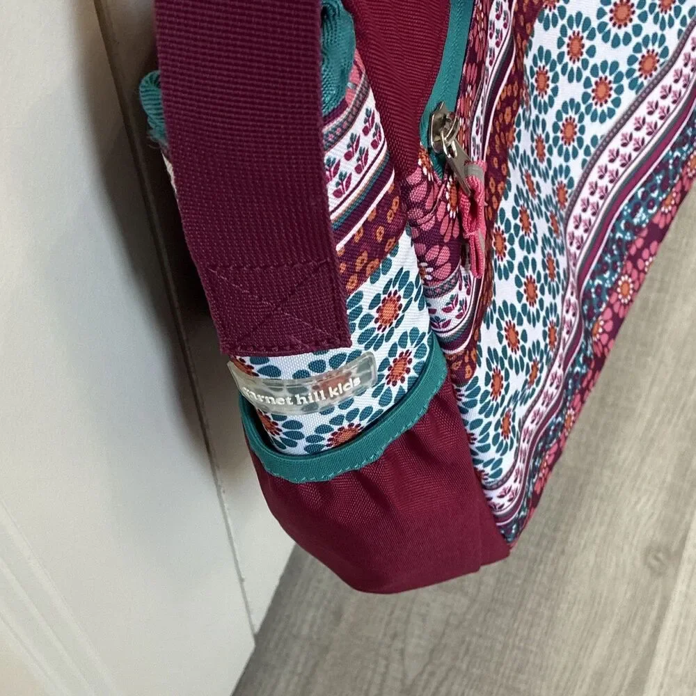 Garnet Hill Kids Floral Messenger Bag Adjustable Strap Bottle Pocket Burgundy